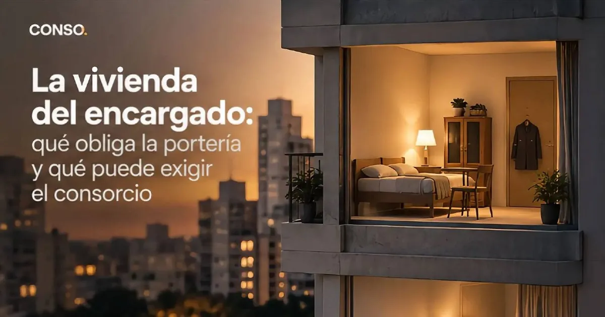 La vivienda del encargado — un departamento iluminado en un edificio al anochecer, con cama, placard y un uniforme colgado en la puerta.